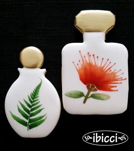 ibicci Perfume bottle cookies using the Pohutukawa Flower and Fern stencils
